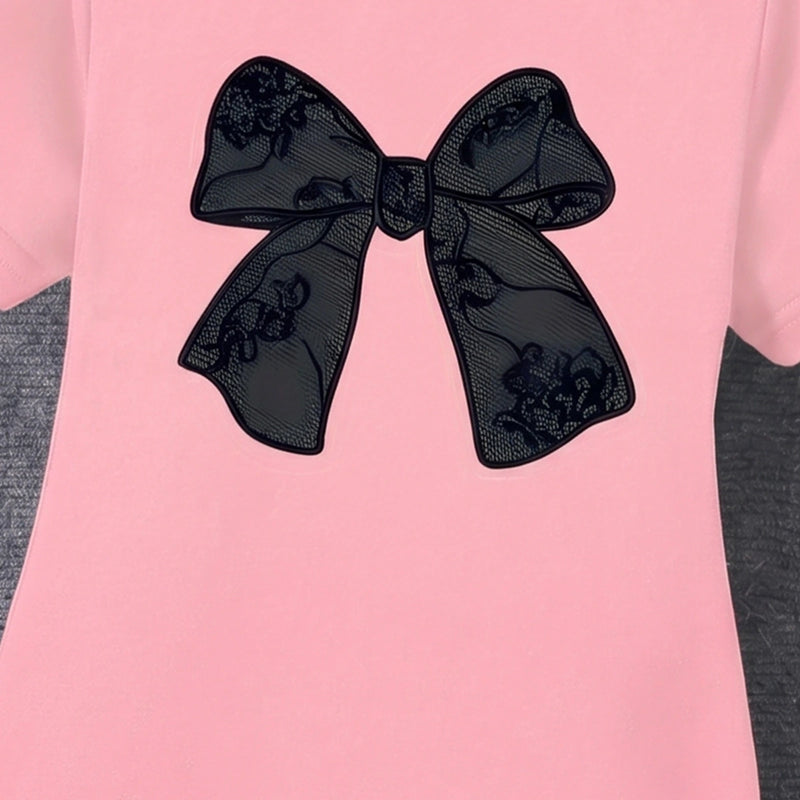 Girls Pink Bow Graphic Short Sleeve T-Shirt Dress Casual Dresses