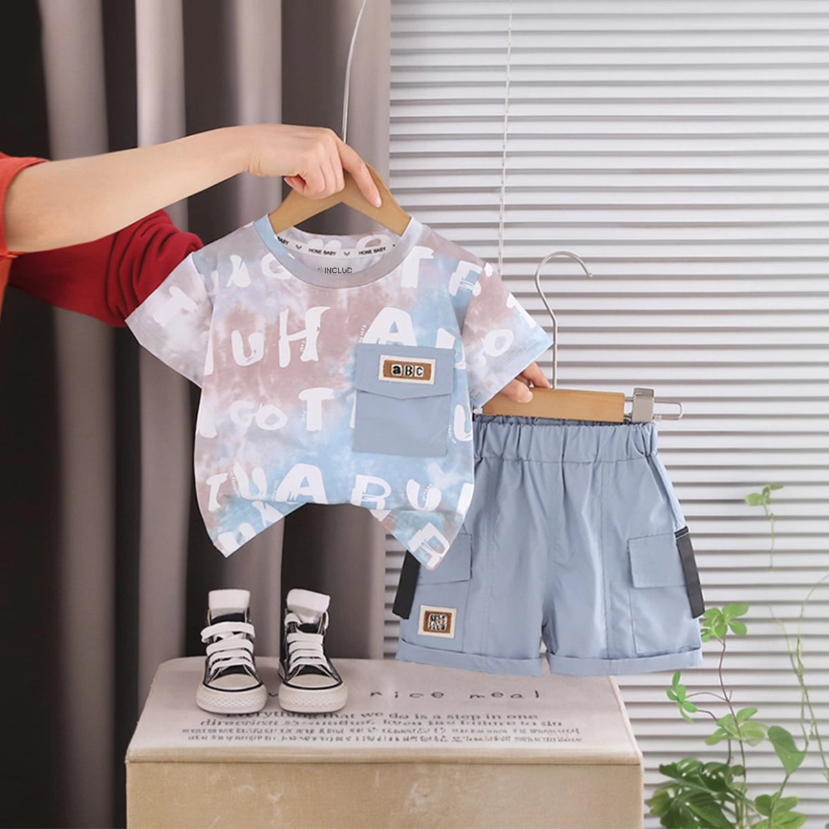 Boys Light Blue Typographic Printed Short Sleeve T-Shirt With Elasticated Shorts Sets 2 pc. Sets Light Blue 1-2 Y