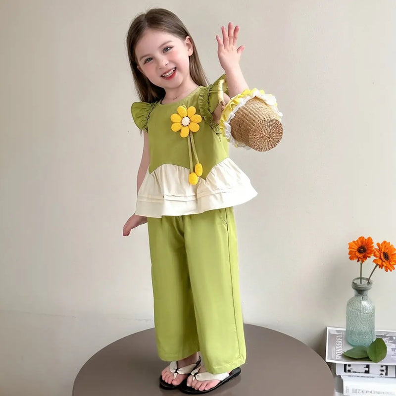 Girls Green Flower Applique Peplum Top With Pant Sets Sets Green 1-2 Y