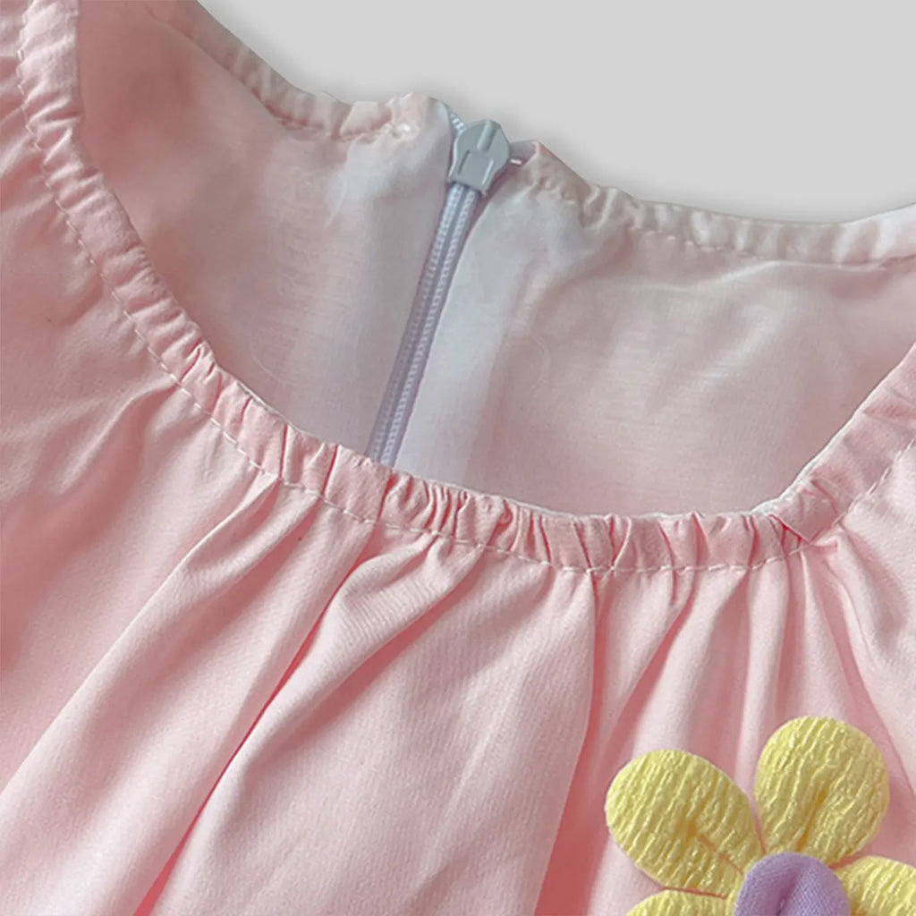 Girls Light Pink Flowers Applique Sleeveless Balloon Dress Casual Dresses
