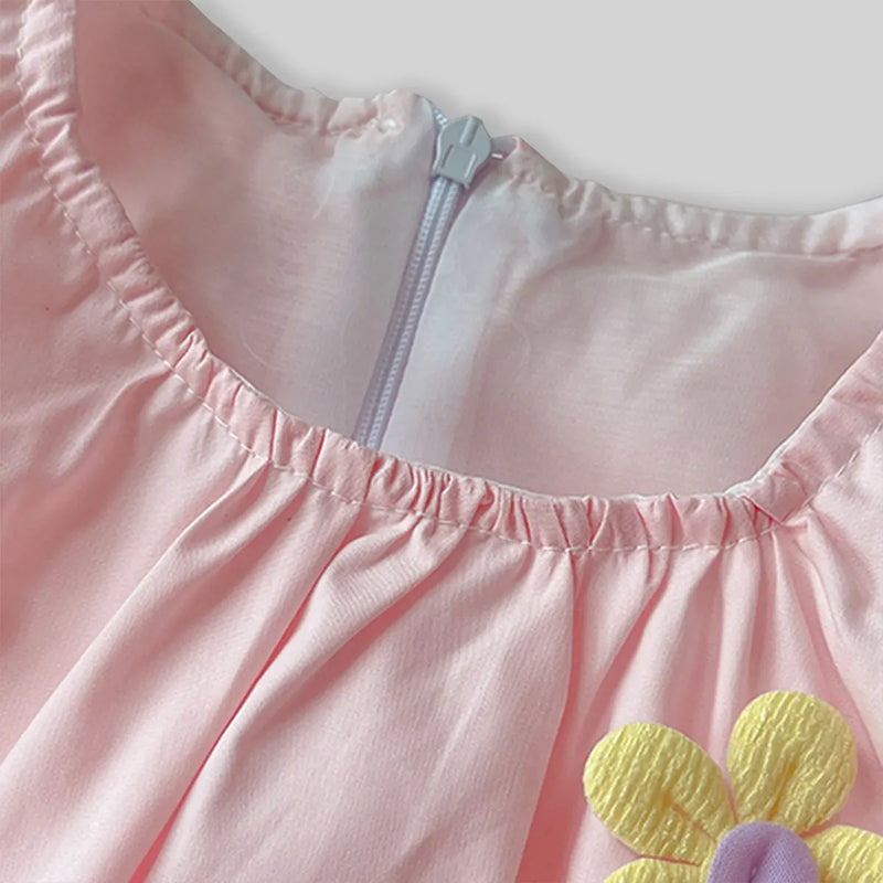 Girls Light Pink Flowers Applique Sleeveless Balloon Dress Casual Dresses