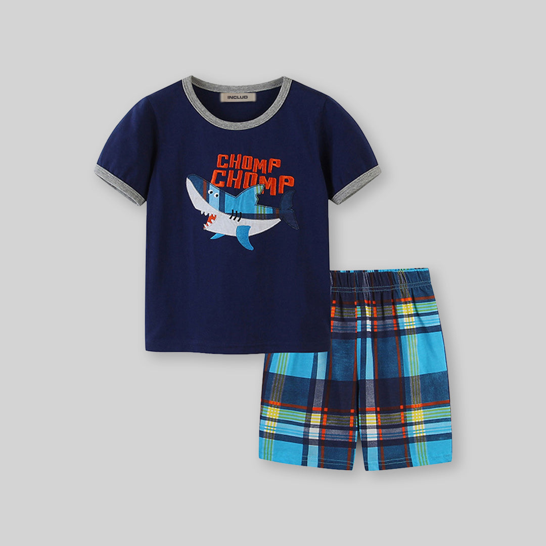 Boys Shark Applique T-Shirt With Checkered Print Shorts Set Tshirts   