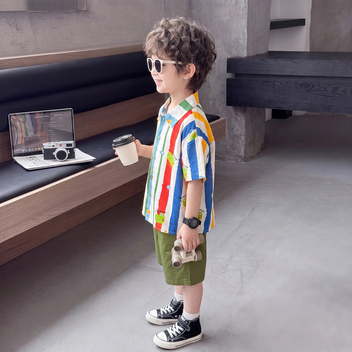 Boys Multicolour Striped Short Sleeve Shirt With Shorts Sets 2 pc. Sets
