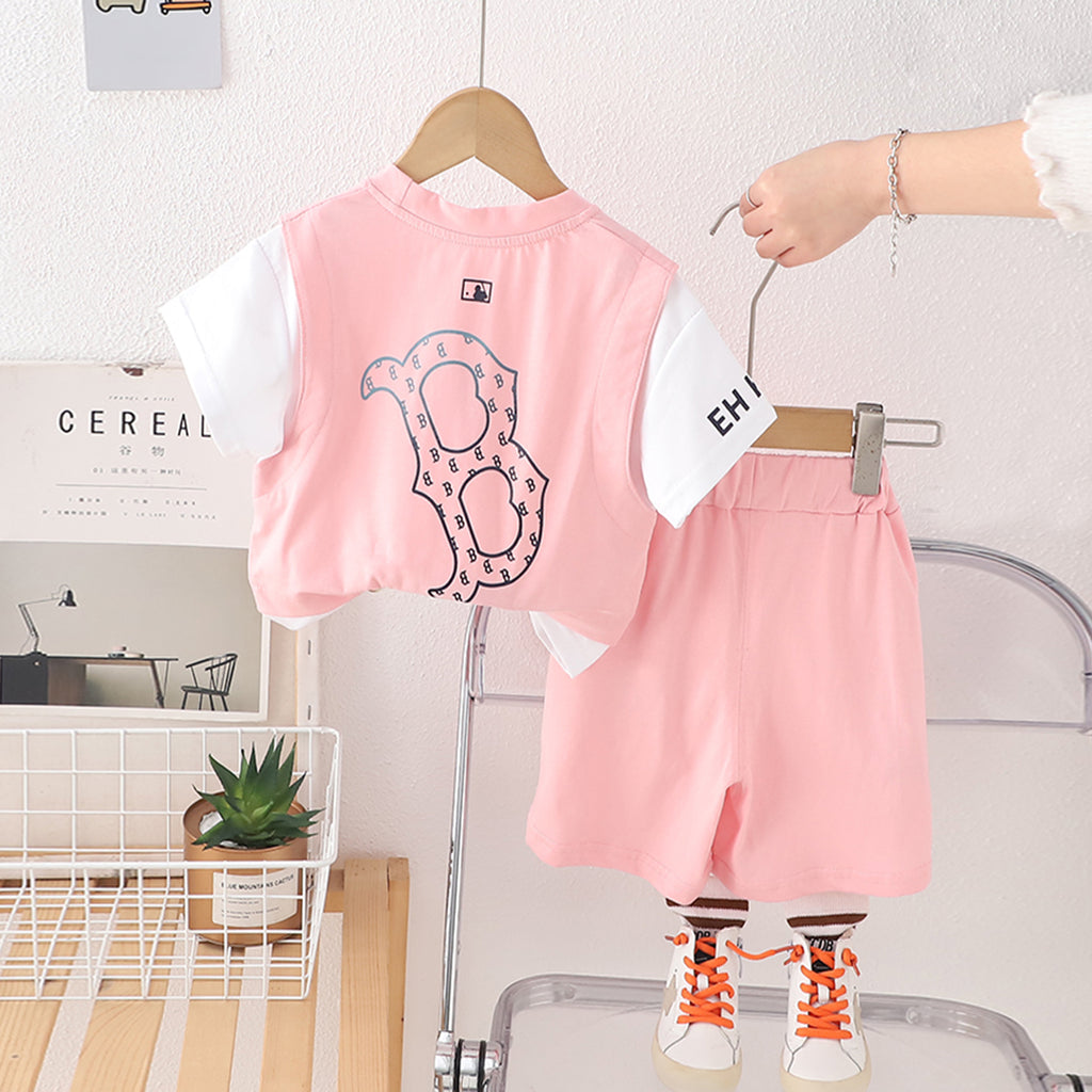 Boys Pink Typographic Printed Short Sleeves T-Shirt With Shorts Set 2 pc. Sets