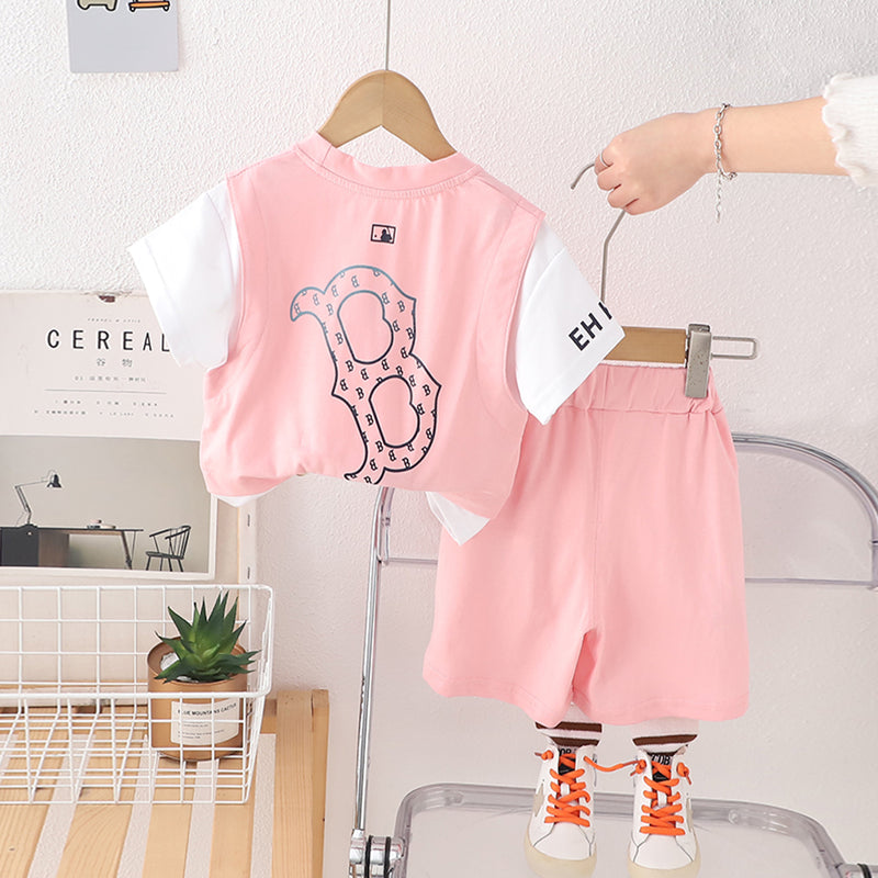 Boys Pink Typographic Printed Short Sleeves T-Shirt With Shorts Set 2 pc. Sets
