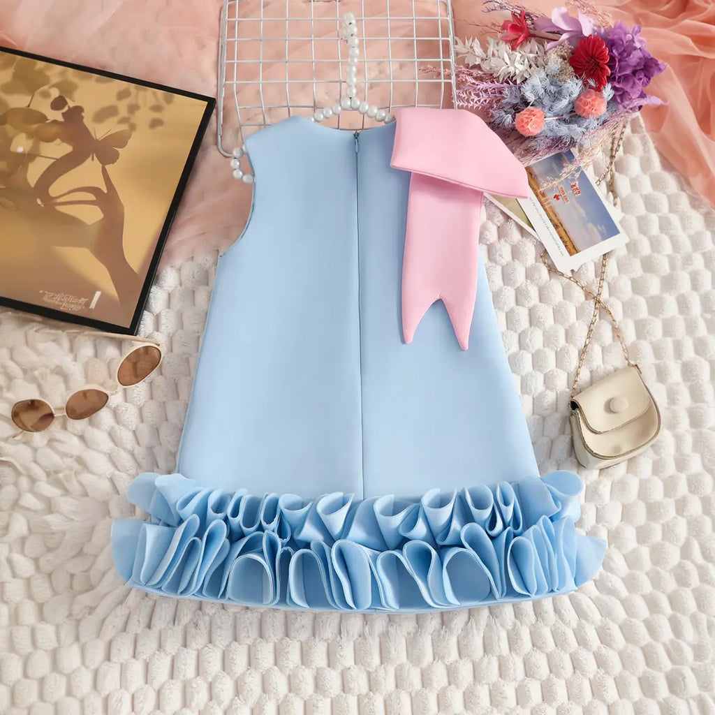 Girls Sky Blue Sleeveless A-line Party Wear Dress With Bow Applique Party Dresses