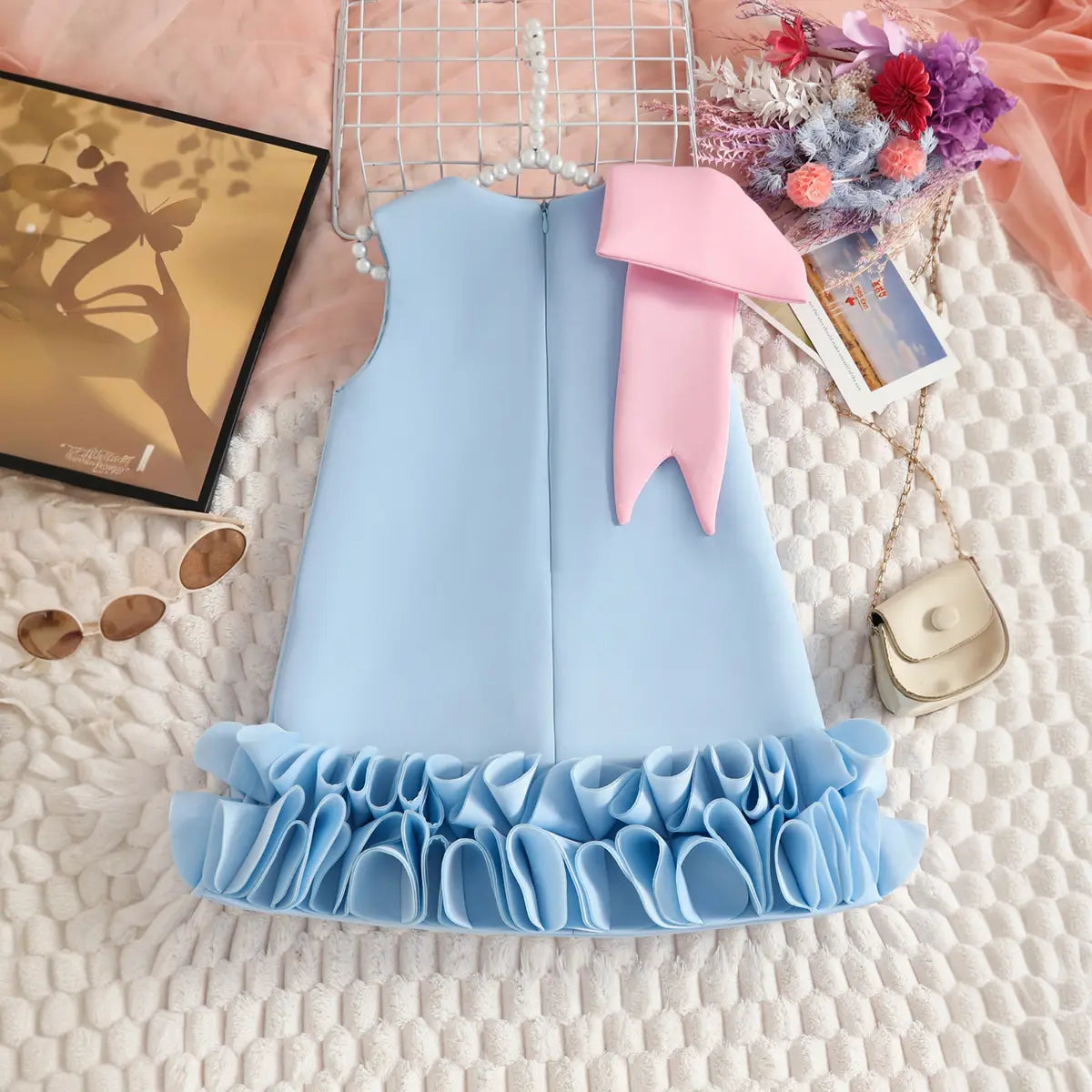 Girls Sky Blue Sleeveless A-line Party Wear Dress With Bow Applique Party Dresses
