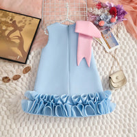 Girls Sky Blue Sleeveless A-line Party Wear Dress With Bow Applique Party Dresses