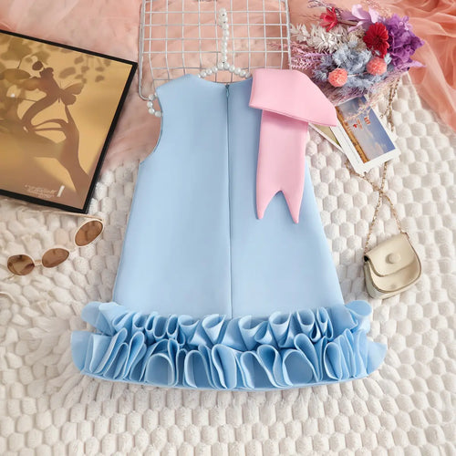 Girls Sky Blue Sleeveless A-line Party Wear Dress With Bow Applique Party Dresses