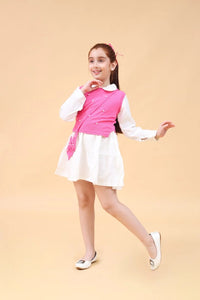 Girls Long Sleeves Drop Waist Dress With Sweater Vest Casual Dresses