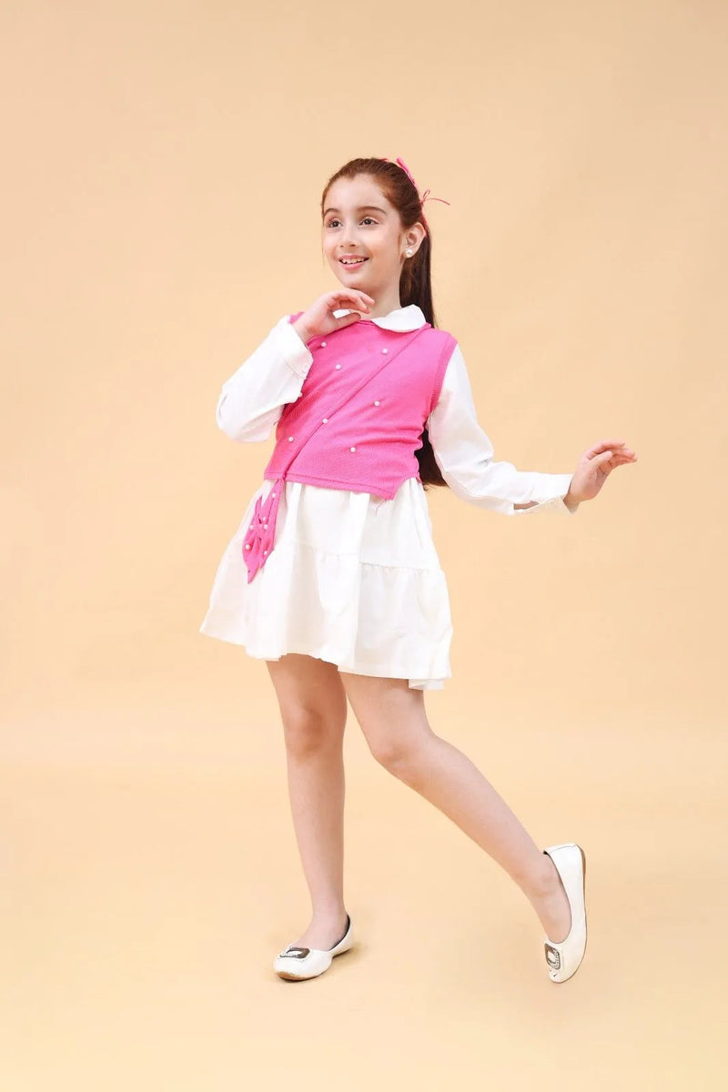 Girls Long Sleeves Drop Waist Dress With Sweater Vest Casual Dresses