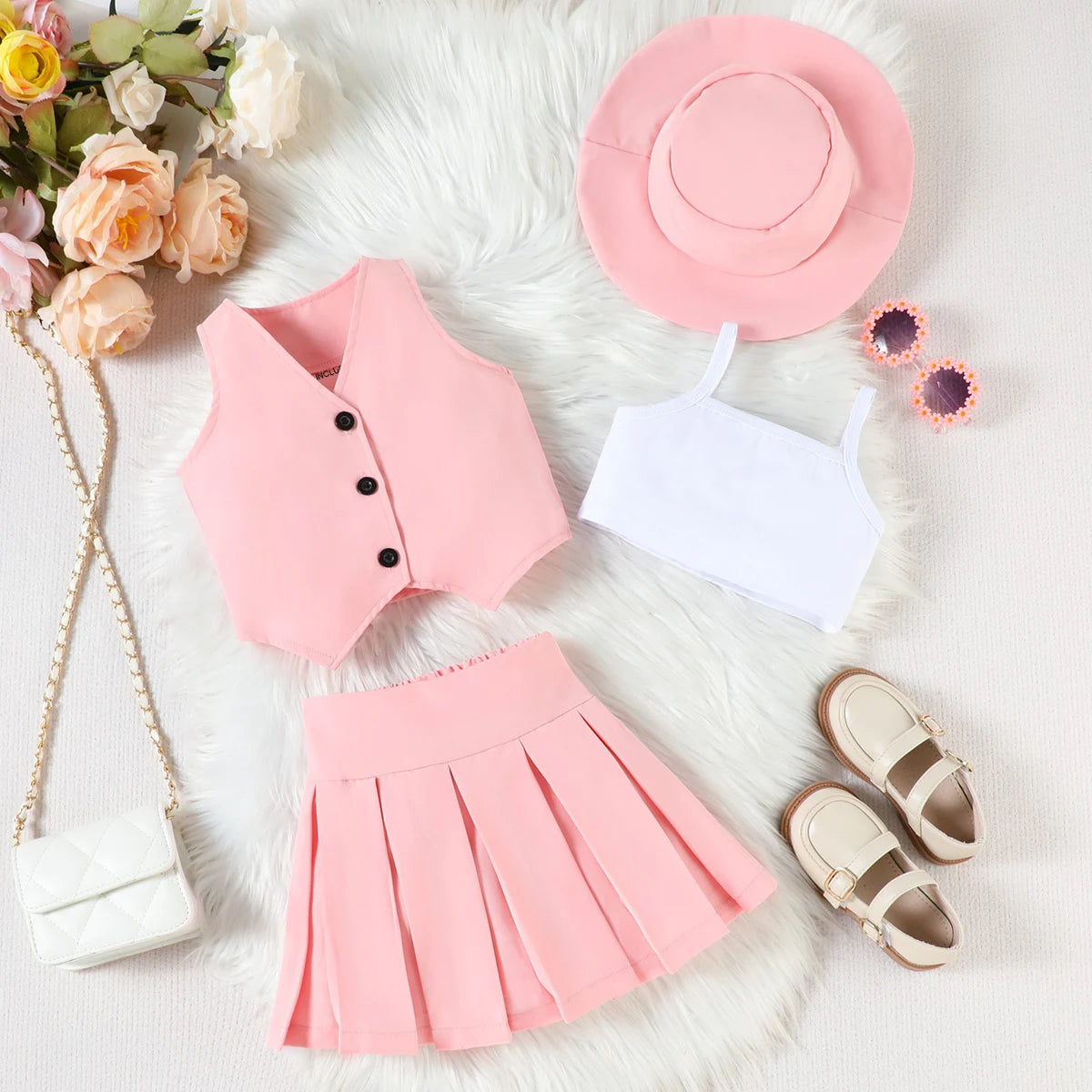 Girls Pink V-Neck Top With Cami Top And Skirt Sets 3 pc. Sets Pink 1-2 Y