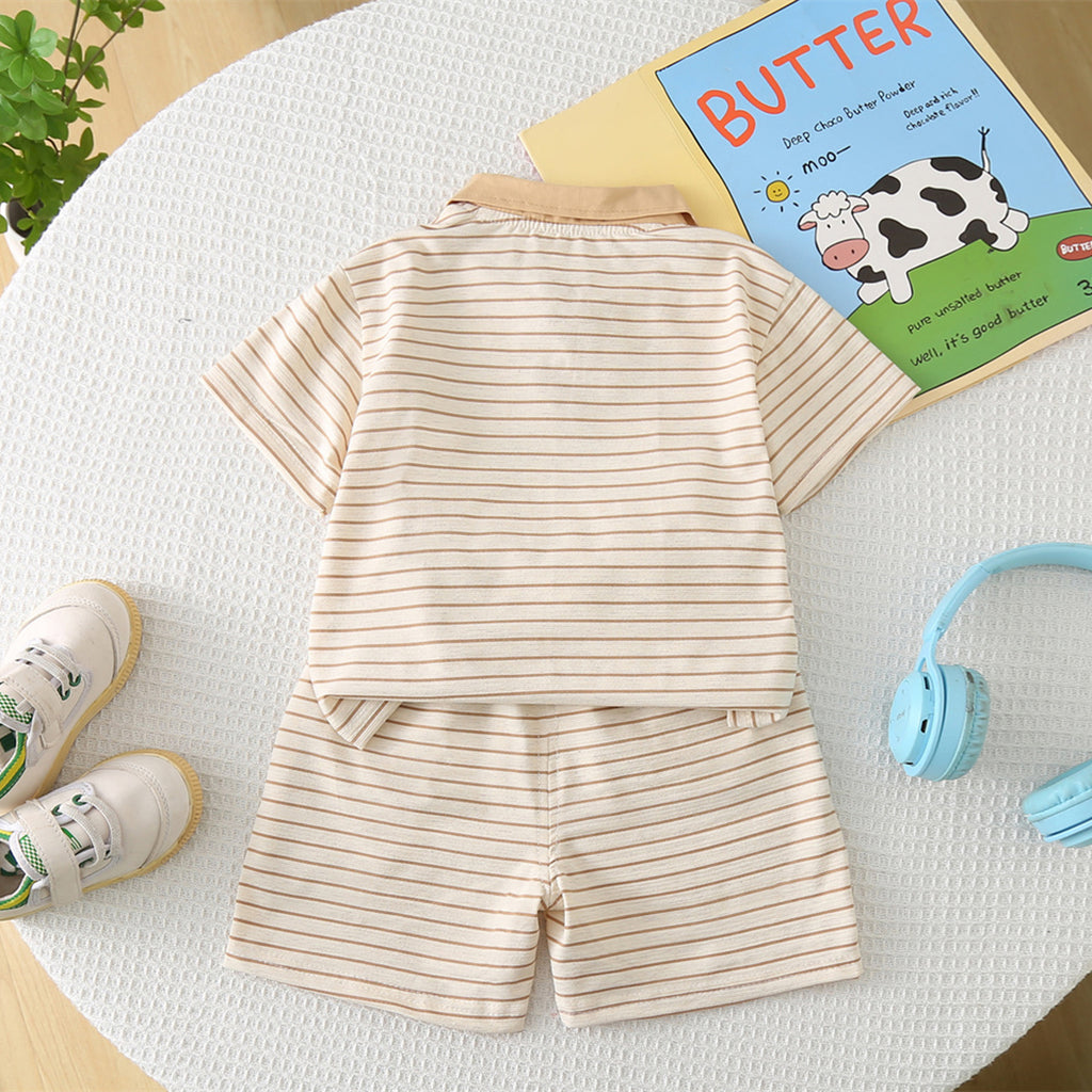 Boys Khaki Dinosaur Striped Polo T-shirt with Shorts Set Sets