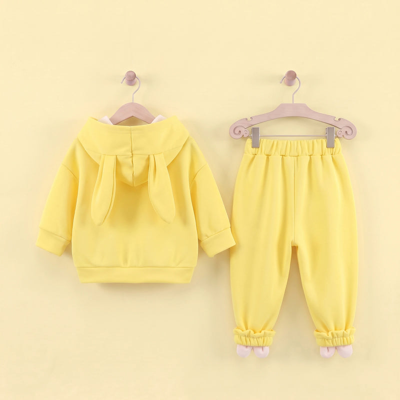 Girls Yellow Solid Rabbit Applique Hooded Sweatshirt With joggers Set 2 pc. Sets
