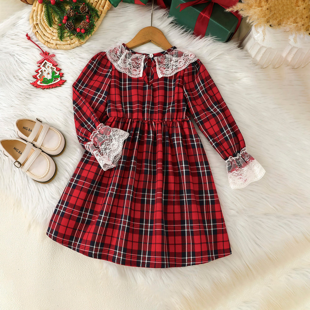 Girls Red Long Sleeve Checked Fit & Flare Winter Casual Dresses Casual Dresses