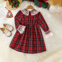 Girls Red Long Sleeve Checked Fit & Flare Winter Casual Dresses Casual Dresses