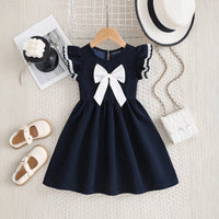 Girls Navy Blue Bow Applique Flutter Sleeve Fit & Flare Dress Casual Dresses Navy Blue 3-4 Y