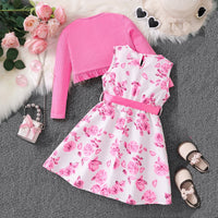 Girls Pink Floral Print Sleeveless Dress With Shrug Casual Dresses