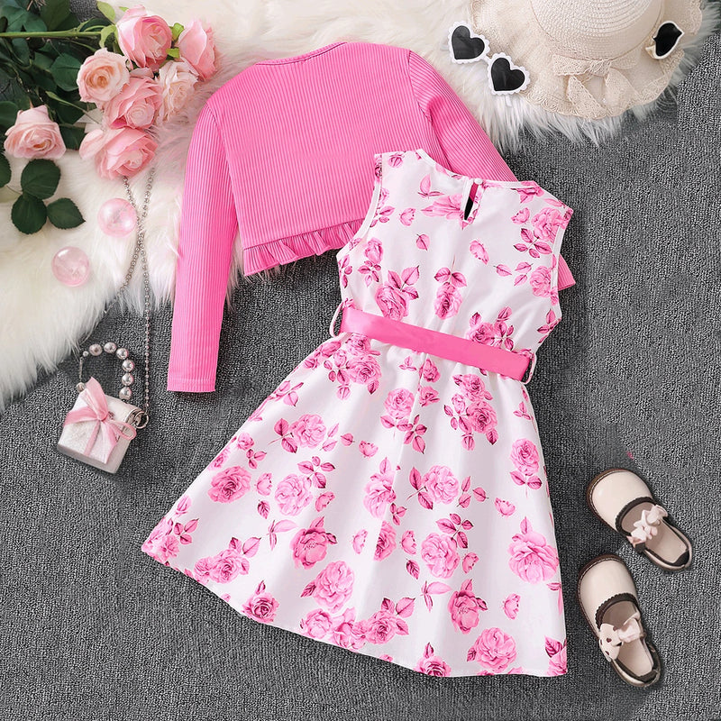 Girls Pink Floral Print Sleeveless Dress With Shrug Casual Dresses