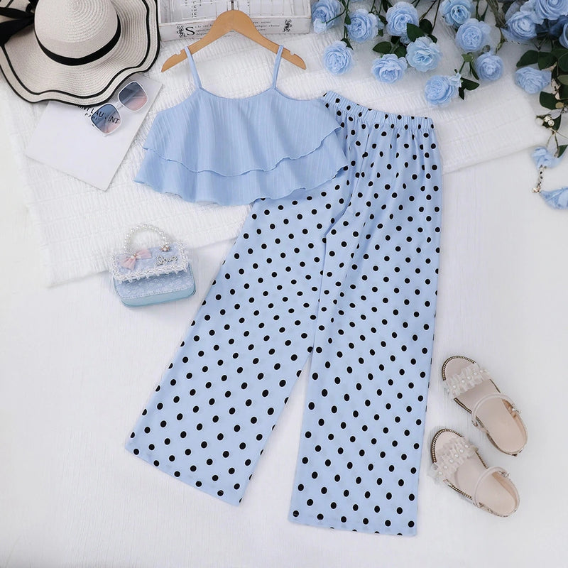 Girls Blue Sleeveless Top With Polka Dot Print Flared Pants Sets Sets