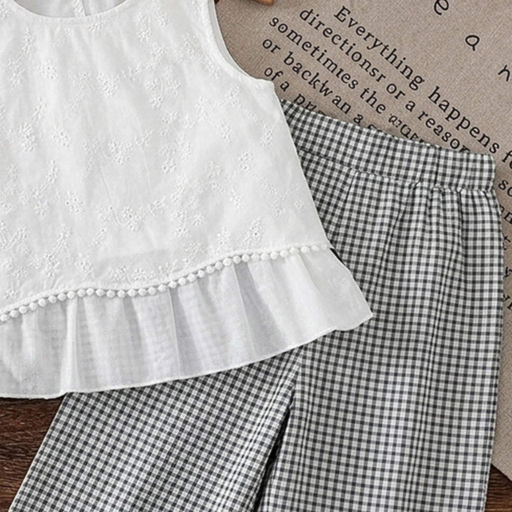Girls White Self-Design Peplum Top With Checkered Pants Sets 2 pc. Sets