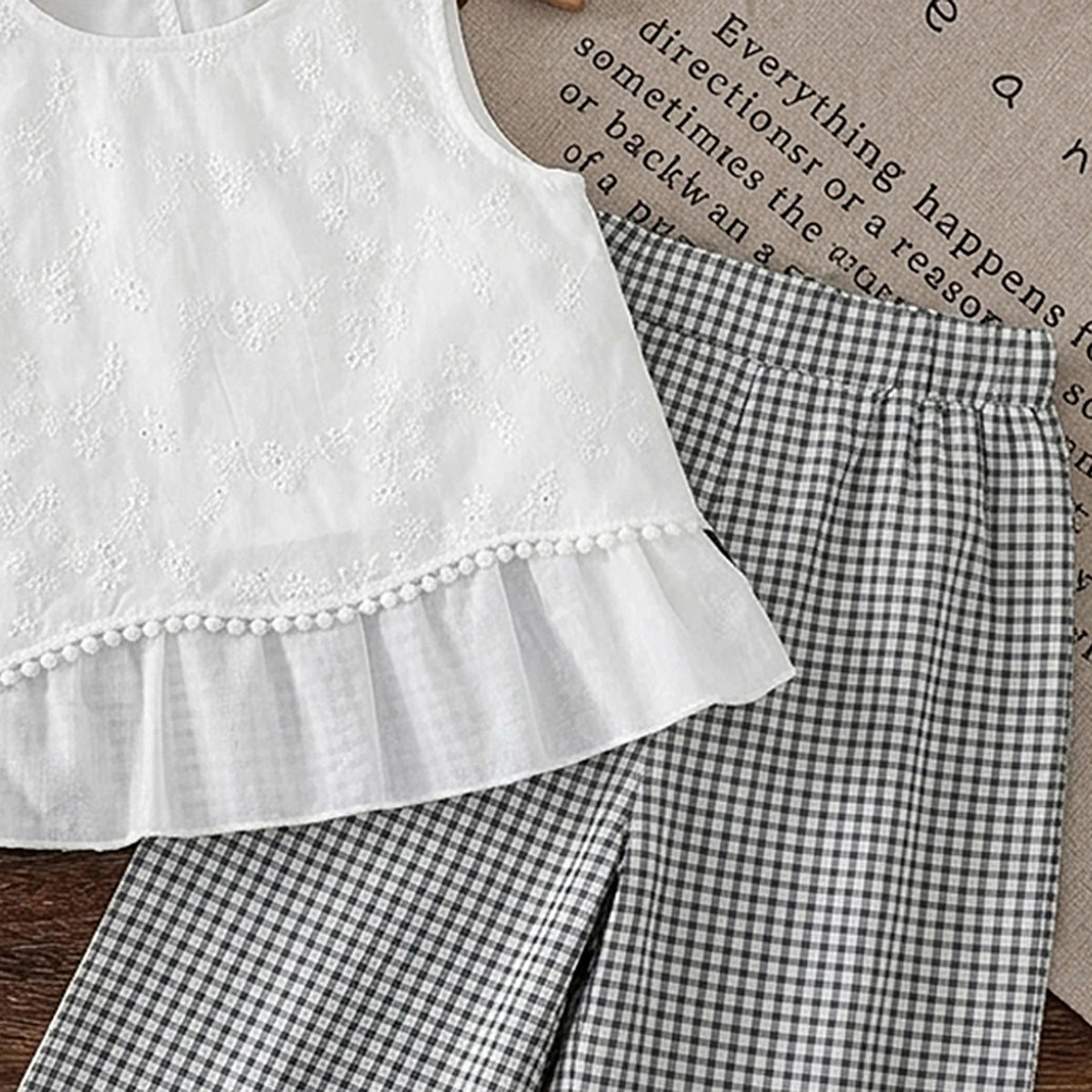 Girls White Self-Design Peplum Top With Checkered Pants Sets 2 pc. Sets