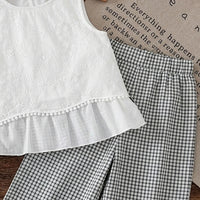 Girls White Self-Design Peplum Top With Checkered Pants Sets 2 pc. Sets