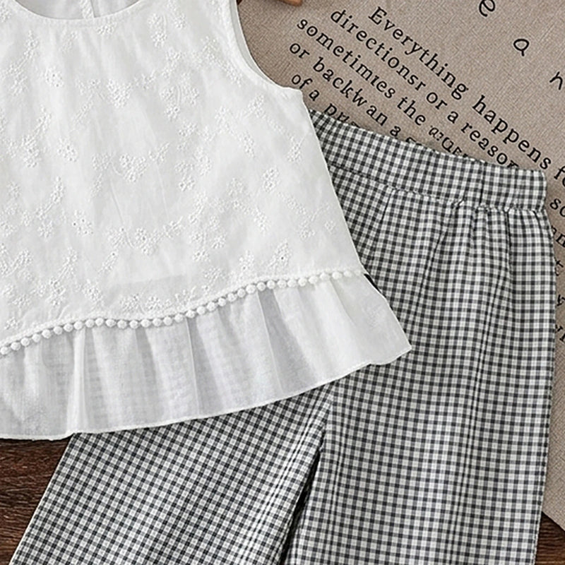 Girls White Self-Design Peplum Top With Checkered Pants Sets 2 pc. Sets
