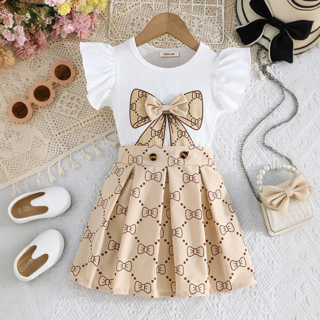 Girls White Bow Printed Top With Skirt Sets Sets White 2-3 Y
