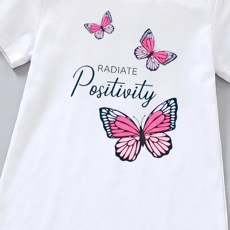 Girls Off White Butterfly Print Short Sleeve T-Shirt Dress Casual Dresses