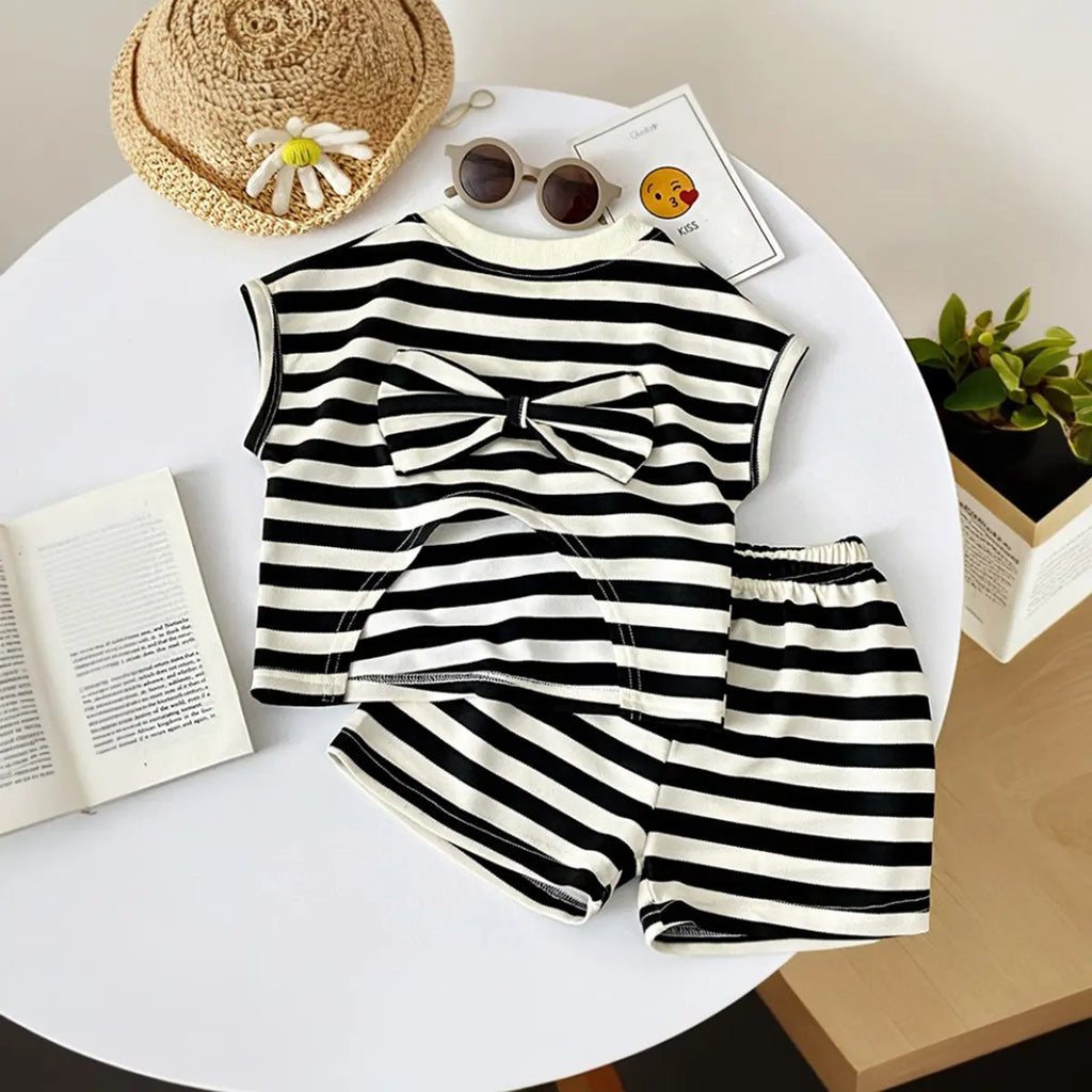 Girls Black Striped Short Sleeve T-Shirt With Elasticated Shorts Sets 2 pc. Sets