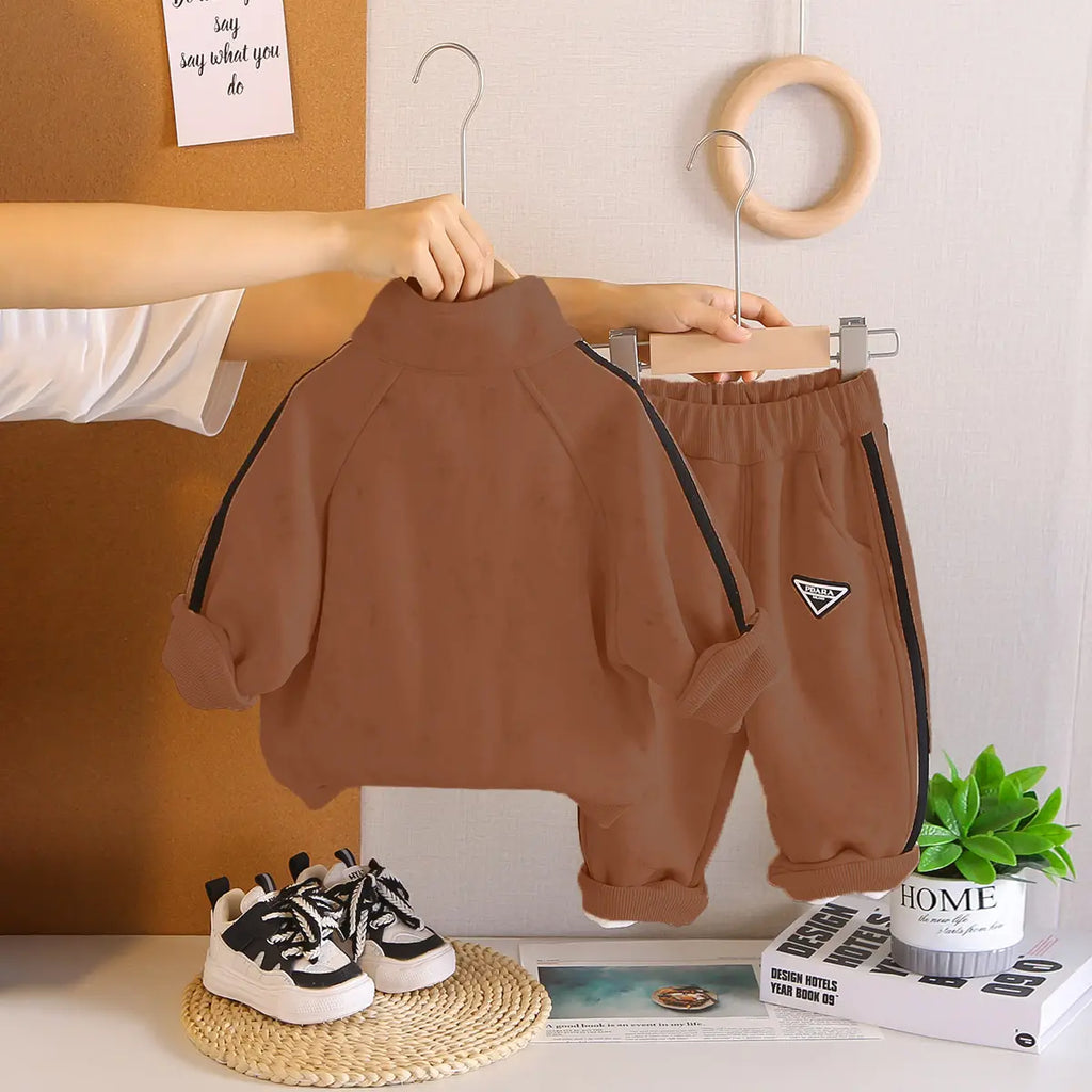Boys Brown Side Stipes Zip-up Jacket With Jogger Co-ord Sets Sets