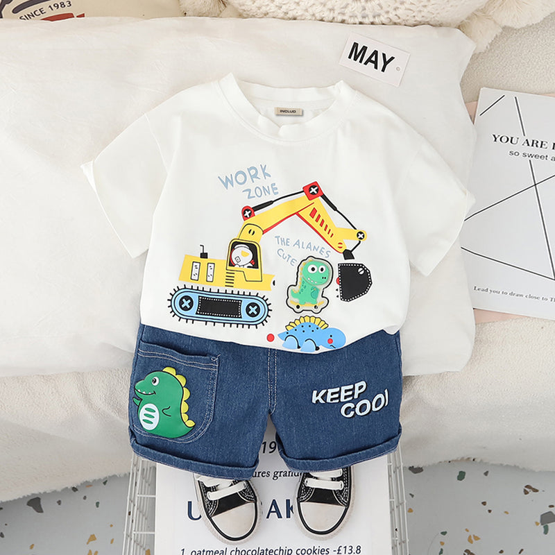 Boys White Excavator Printed T-Shirt With Denim Shorts Set 2 pc. Sets White 1-2 Y