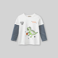 Boys White Dinosaur Cartoon Printed T-Shirt With Striped Long Sleeves Tshirts