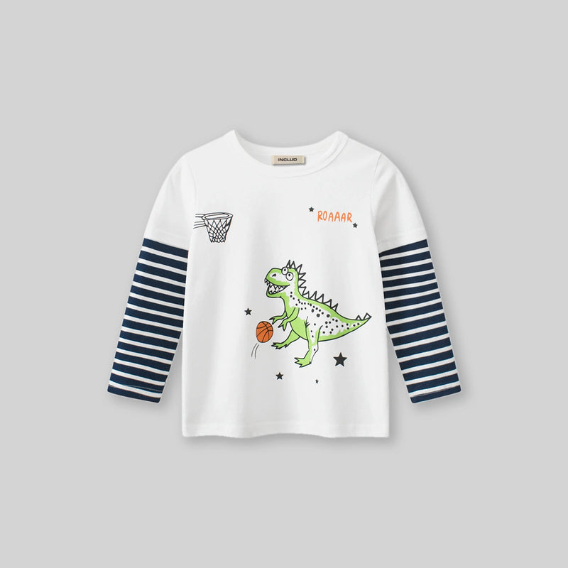 Boys White Dinosaur Cartoon Printed T-Shirt With Striped Long Sleeves Tshirts