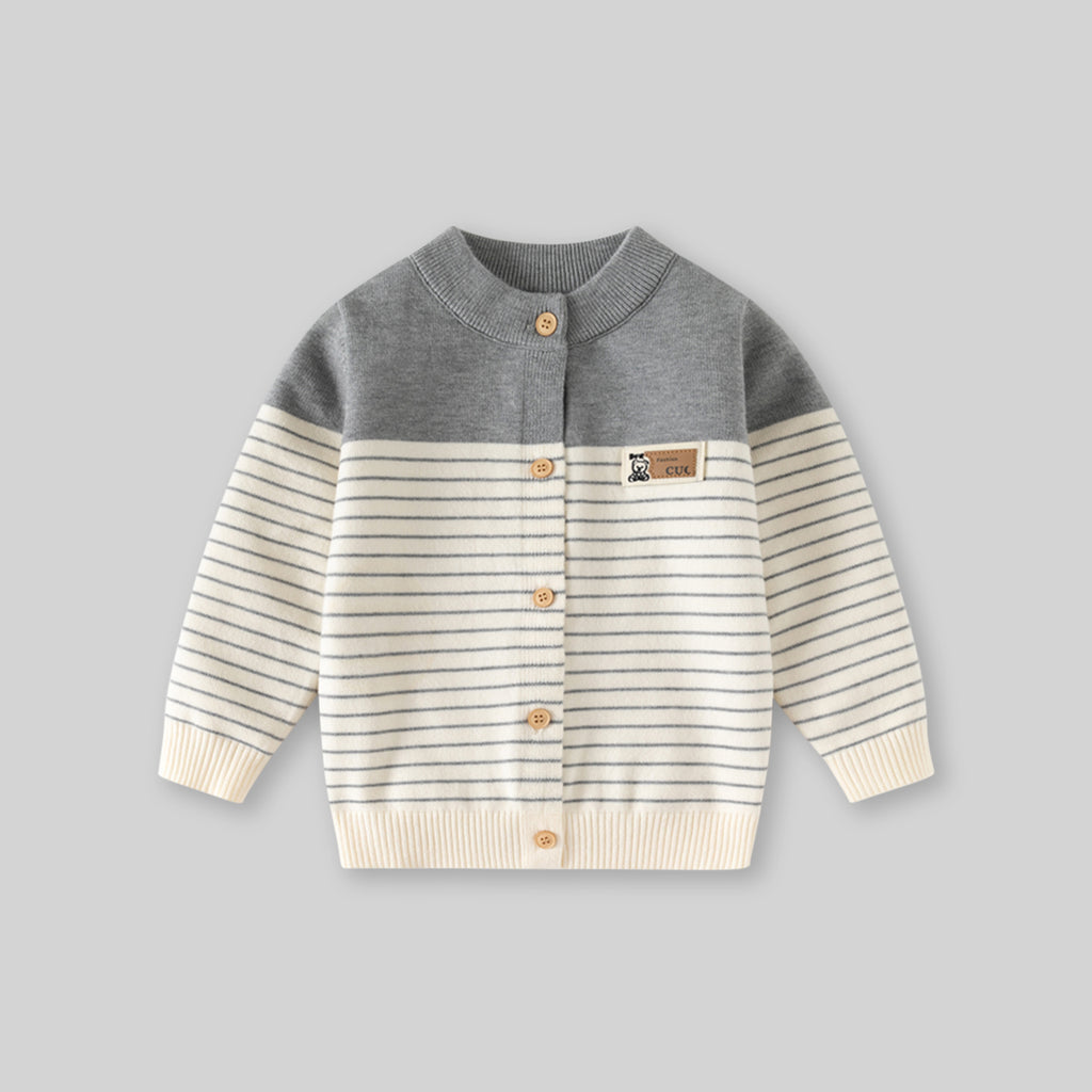 Boys Grey Cardigan With Self Design Stripe Patterns Sweaters & Cardigans