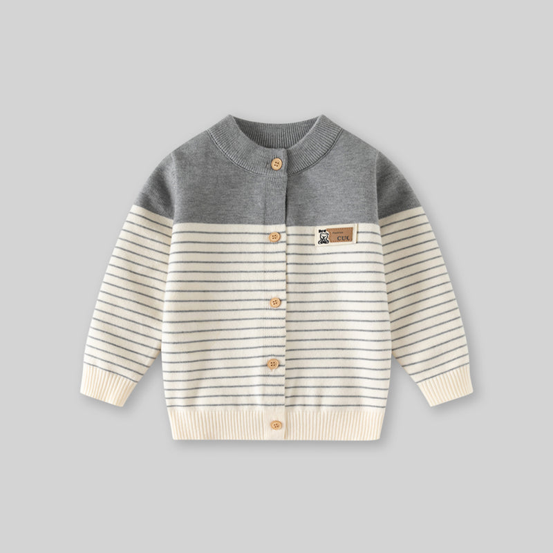 Boys Grey Cardigan With Self Design Stripe Patterns Sweaters & Cardigans