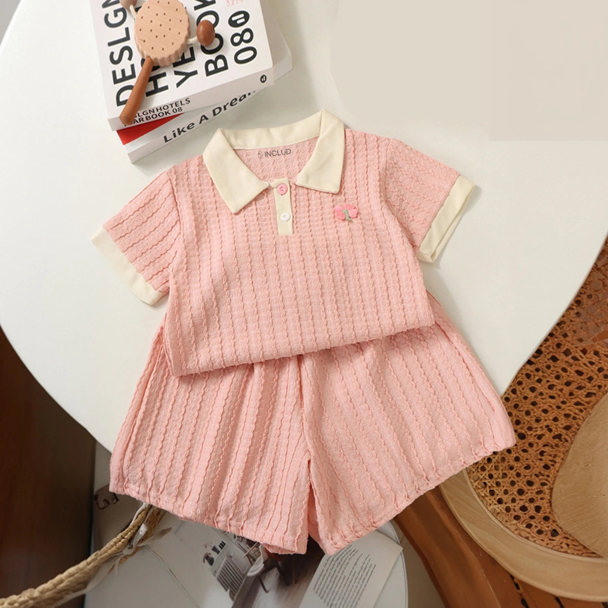 Girls Pink Short Sleeve Textured Polo T-Shirt With Shorts Sets 2 pc. Sets Pink 1-2 Y