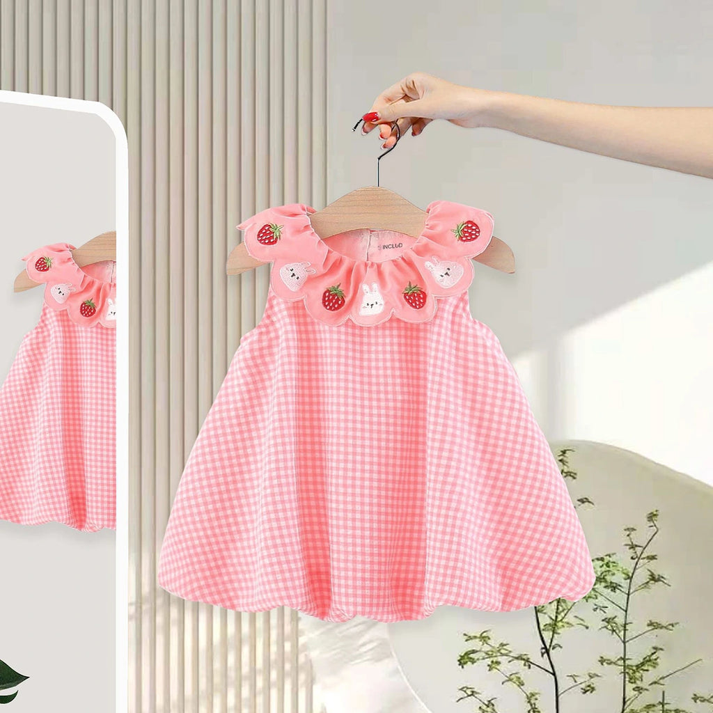 Girls Pink Checked A-line Dress With Bunny And Strawberry Embroidery Casual Dresses Pink 1-2 Y