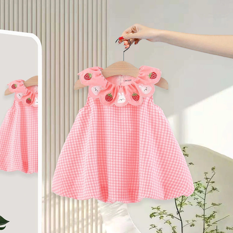 Girls Pink Checked A-line Dress With Bunny And Strawberry Embroidery Casual Dresses Pink 1-2 Y