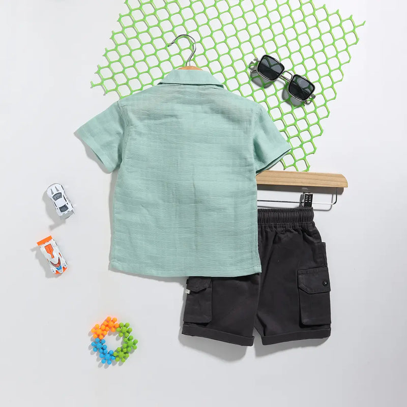 Boys Green Checked Short Sleeves Shirt With Shorts Sets Sets