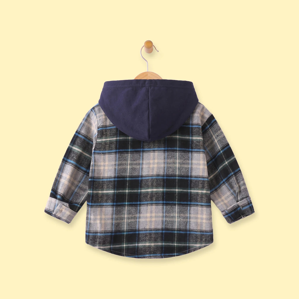 Boys Navy Blue Checked Long Sleeve Hooded Shirt Shirts