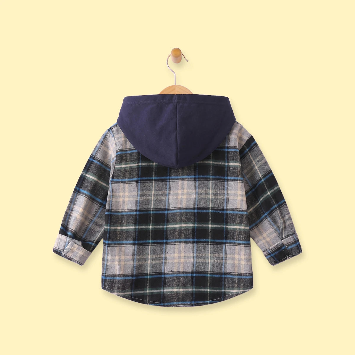 Boys Navy Blue Checked Long Sleeve Hooded Shirt Shirts