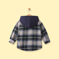 Boys Navy Blue Checked Long Sleeve Hooded Shirt Shirts