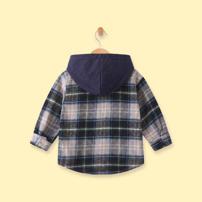 Boys Navy Blue Checked Long Sleeve Hooded Shirt Shirts