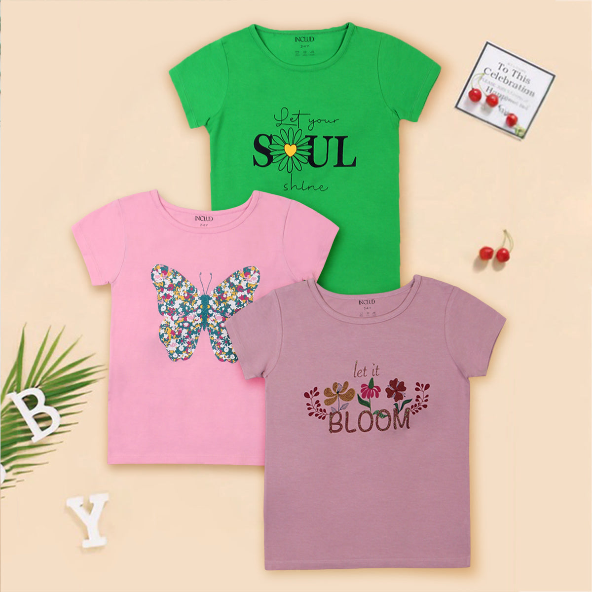 Girls Multicolor Graphics Summer T-shirts- Pack Of 3 Tshirts