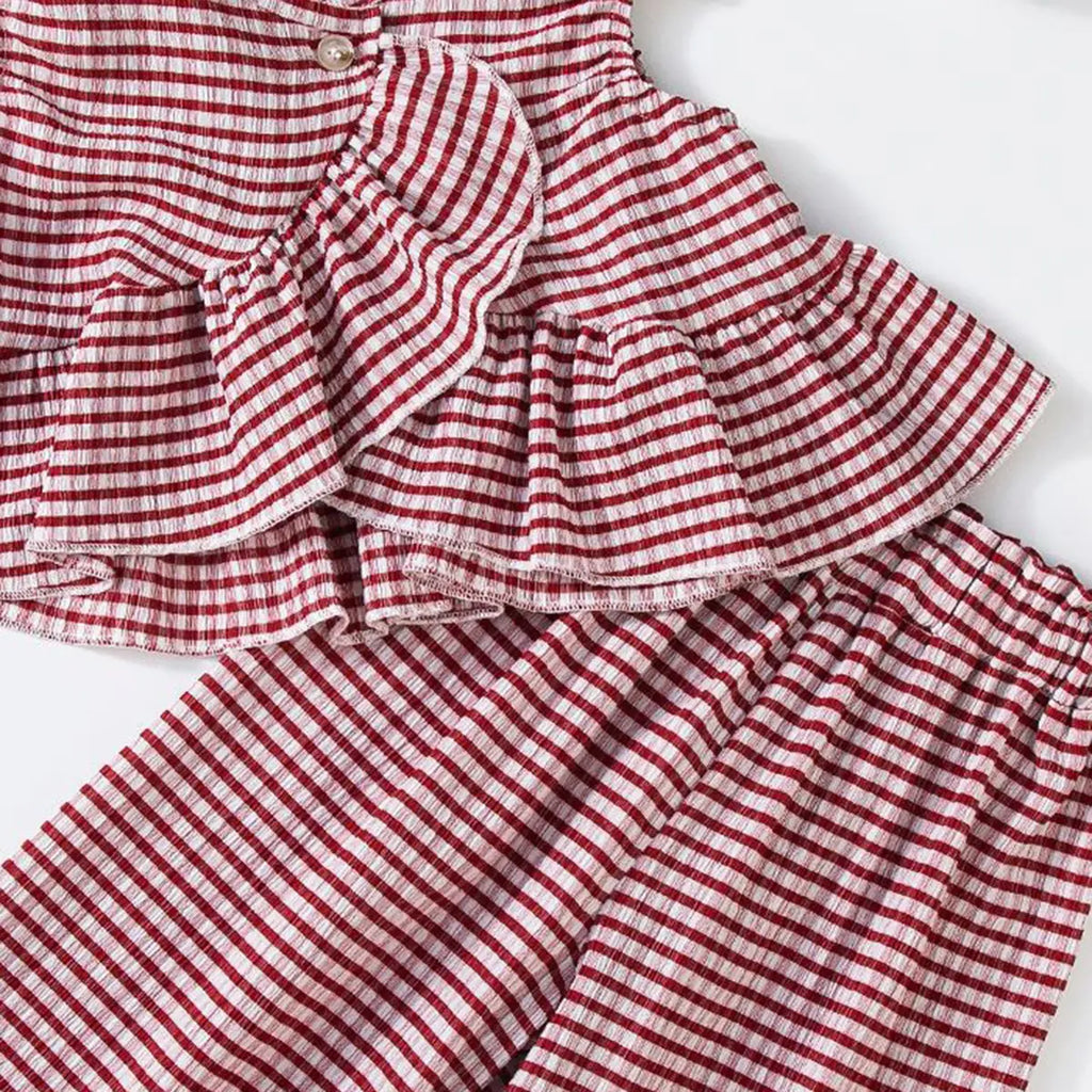 Girls Burgundy Checked Sleeveless Top With Pants Co-ord Sets Sets