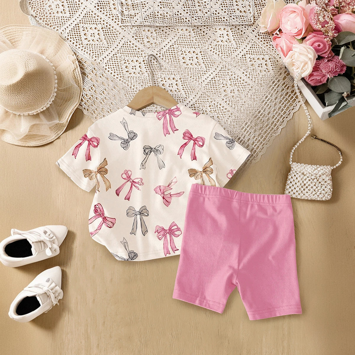 Girls Cream Bow Print Short Sleeve T-Shirt With Shorts Sets 2 pc. Sets