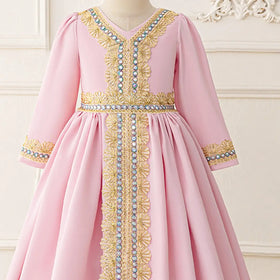 Girls Pink Embellished Fit & Flare Dress With Long Sleeves Casual Dresses
