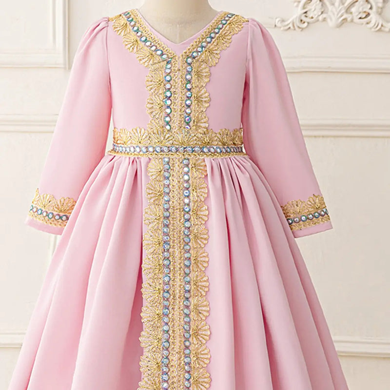 Girls Pink Embellished Fit & Flare Dress With Long Sleeves Casual Dresses